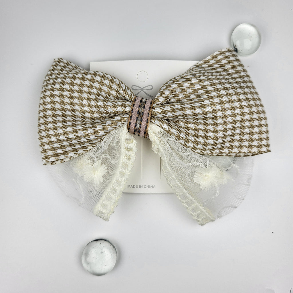 Korean Houndstooth Bow Alligator Hair Clips with Lace