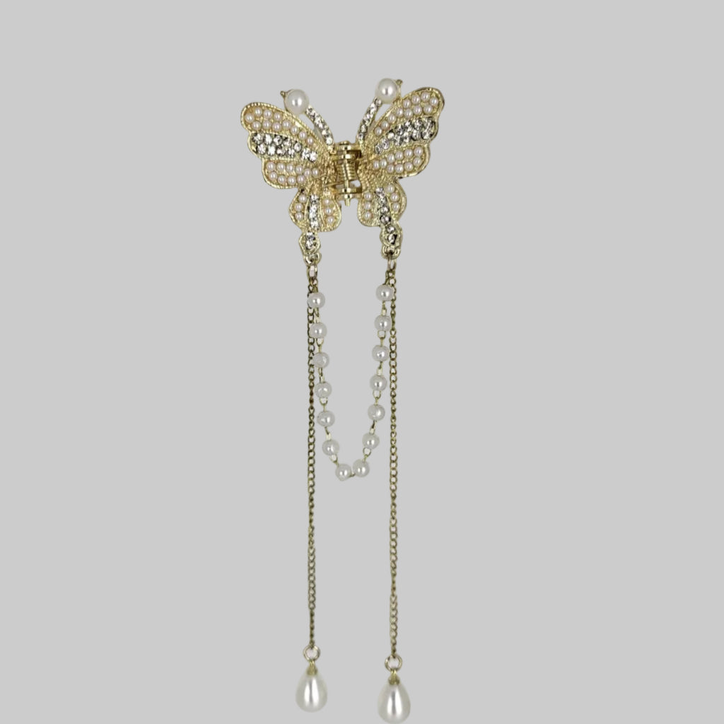 ZAYA Luxury  party wear Gold Butterfly Hair Claw Clip with Pearl Chains (Copy)