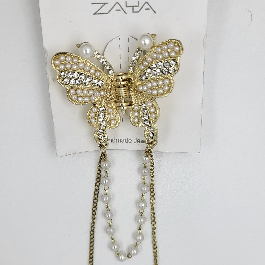 ZAYA Luxury  party wear Gold Butterfly Hair Claw Clip with Pearl Chains (Copy)