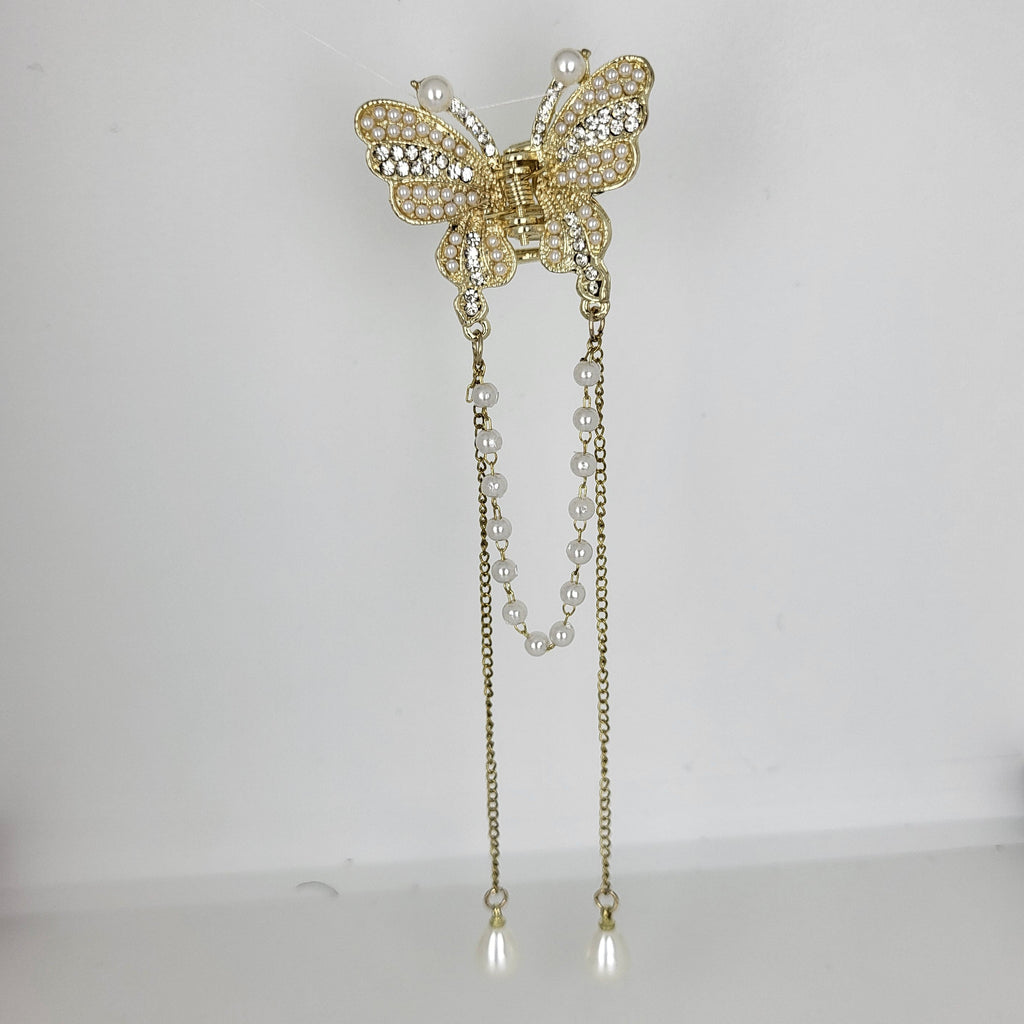 ZAYA Luxury  party wear Gold Butterfly Hair Claw Clip with Pearl Chains (Copy)