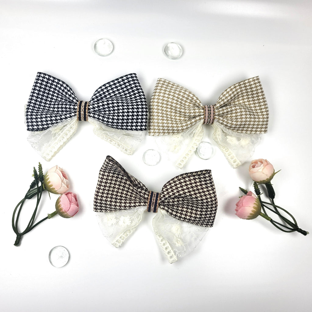 Korean Houndstooth Bow Alligator Hair Clips with Lace