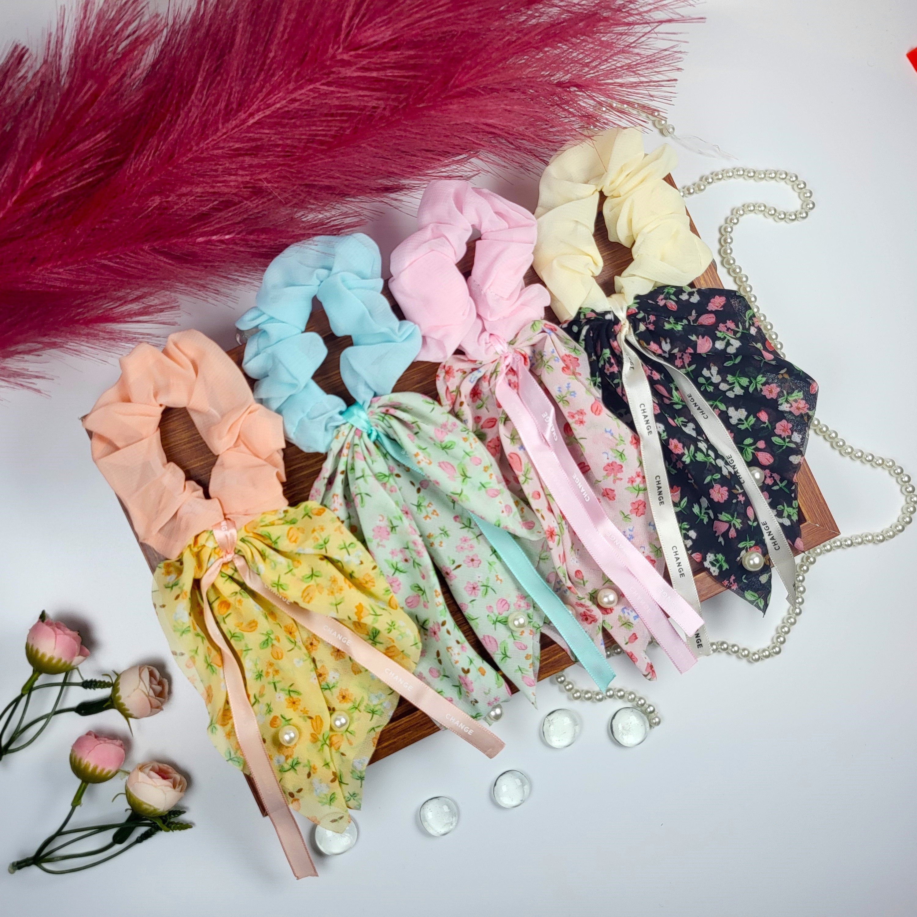 STYARAA Floral Ribbon Scrunchies with Long Tails