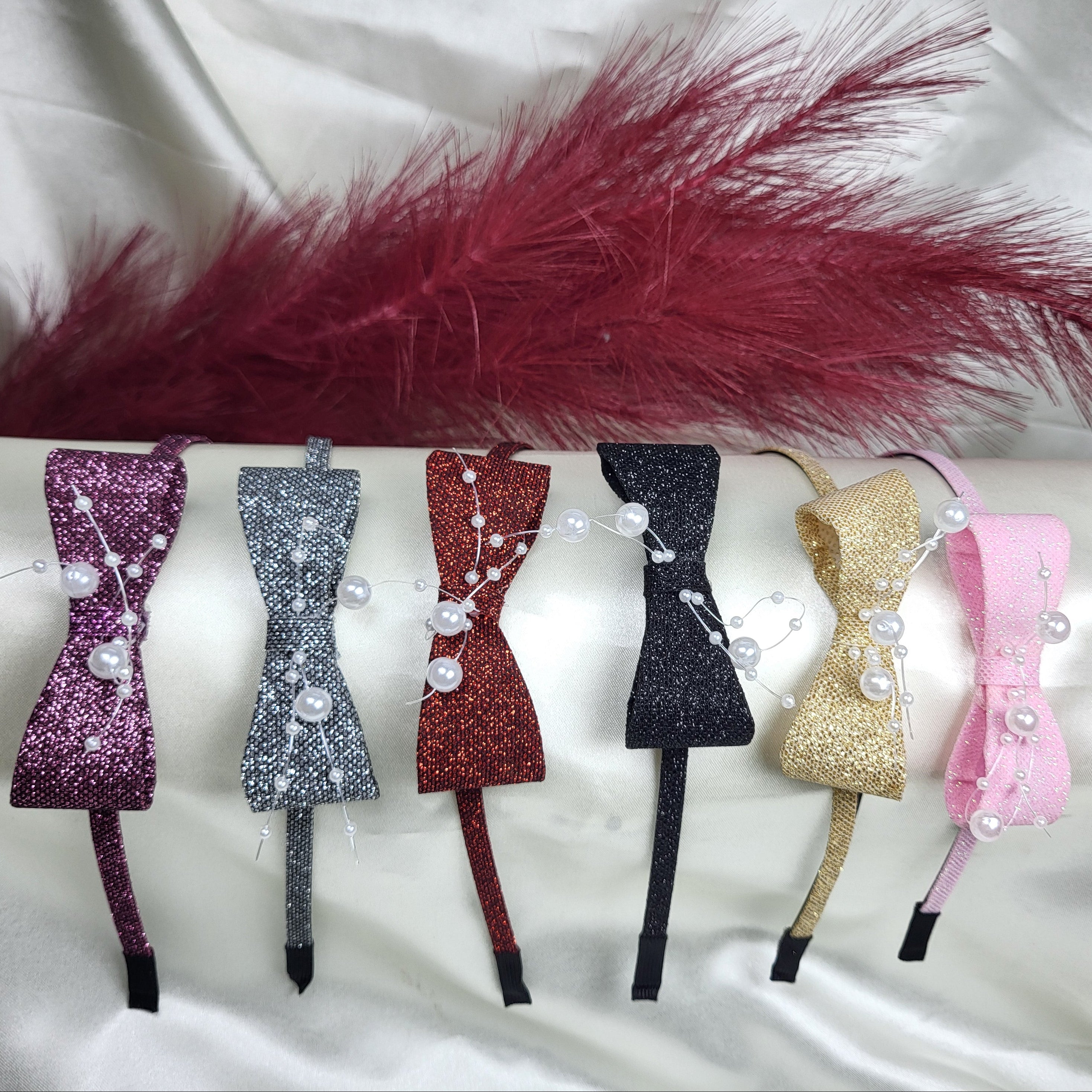 STYARAA Glitter Bow Hair Bands with Pearl Accents for Girls