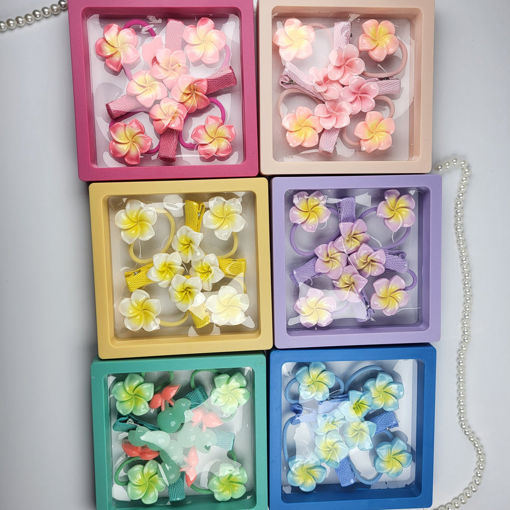 Premium Korean Frangipani Flower Hair Ties Set – Elastic Ponytail Holders for Girls