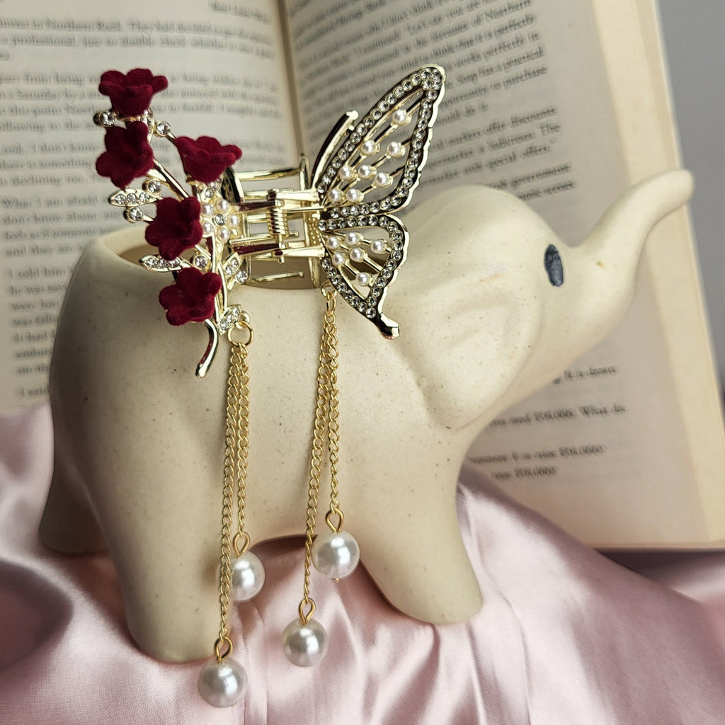 ZAYA Luxury Gold Butterfly Hair Claw Clip with Red Sakura Flowers & Pearl Chains