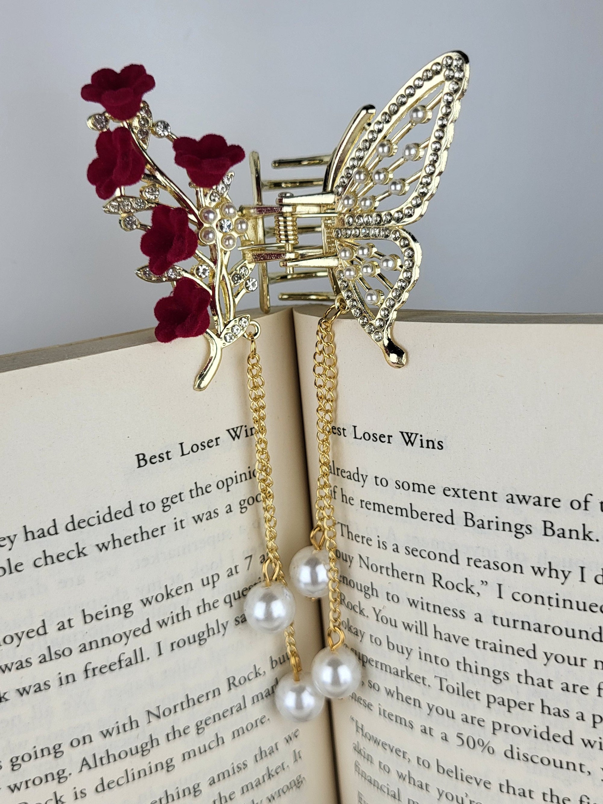 ZAYA Luxury Gold Butterfly Hair Claw Clip with Red Sakura Flowers & Pearl Chains