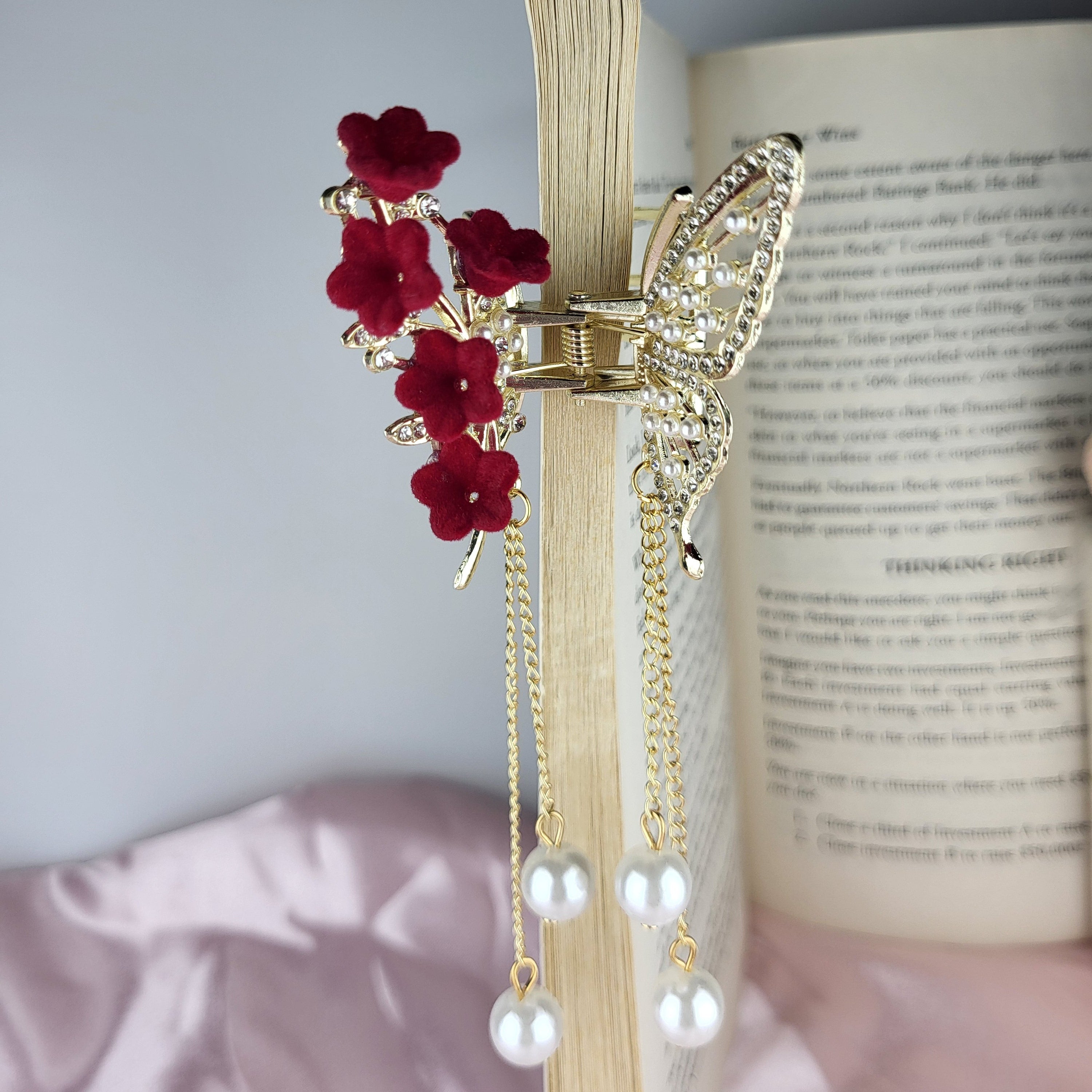 ZAYA Luxury Gold Butterfly Hair Claw Clip with Red Sakura Flowers & Pearl Chains