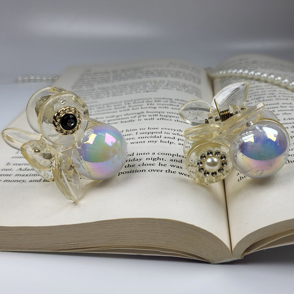 Mini Flower Hair Claw Clips for Women with Iridescent Pearl & Crystal Petals