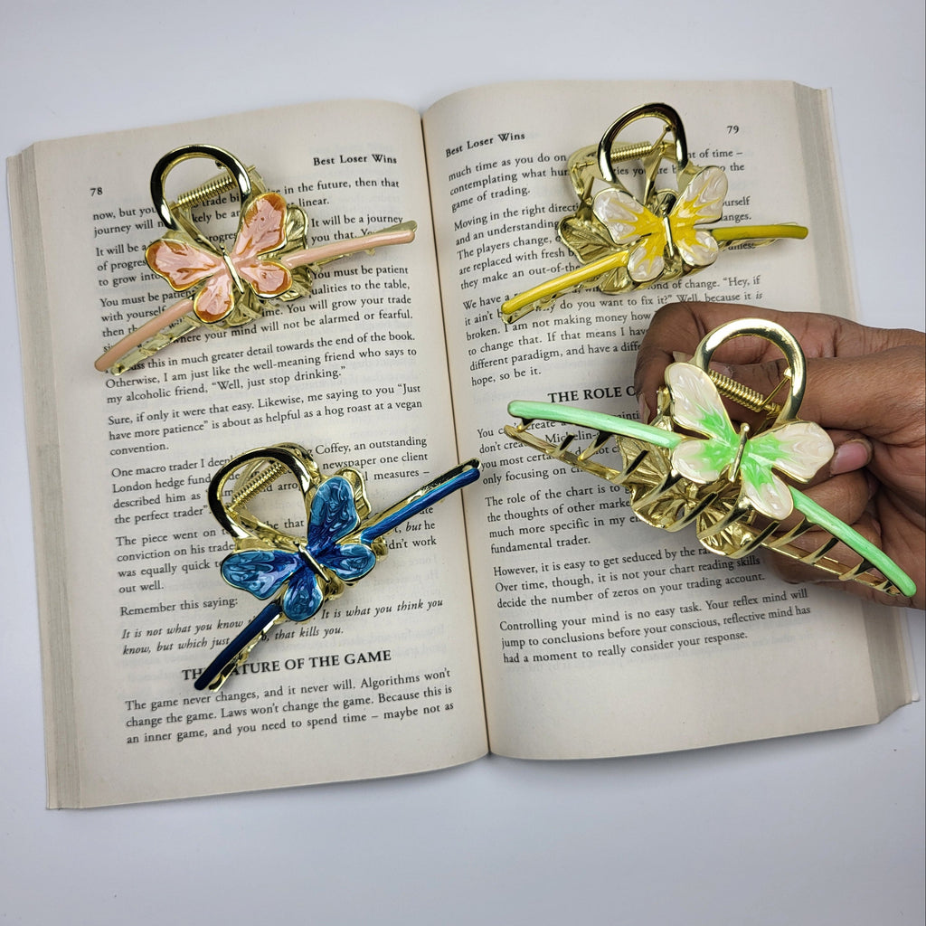 Large Golden Decorative Strong Hold Korean Style Enamel Butterfly Metal Hair Claw Clips, Non Slip Stylish Hair Accessories for Women Girls