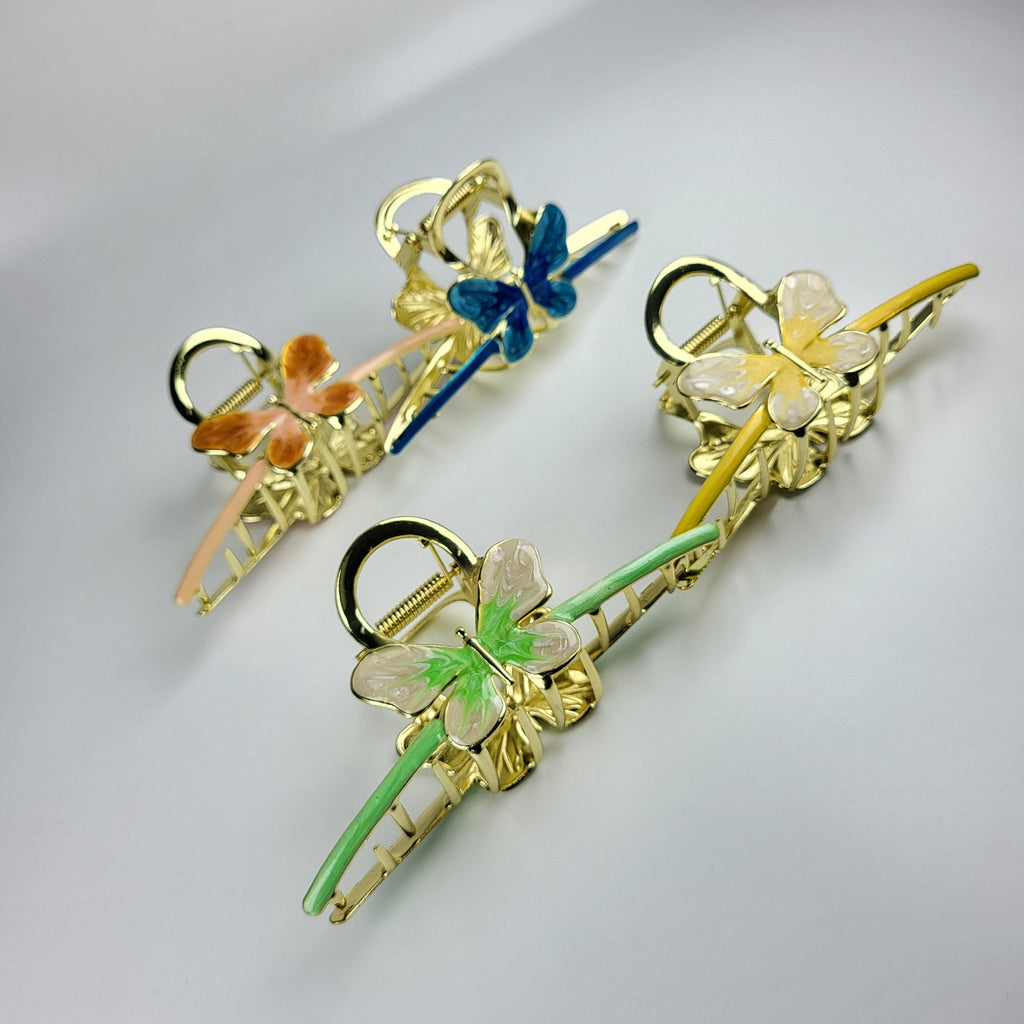 Large Golden Decorative Strong Hold Korean Style Enamel Butterfly Metal Hair Claw Clips, Non Slip Stylish Hair Accessories for Women Girls