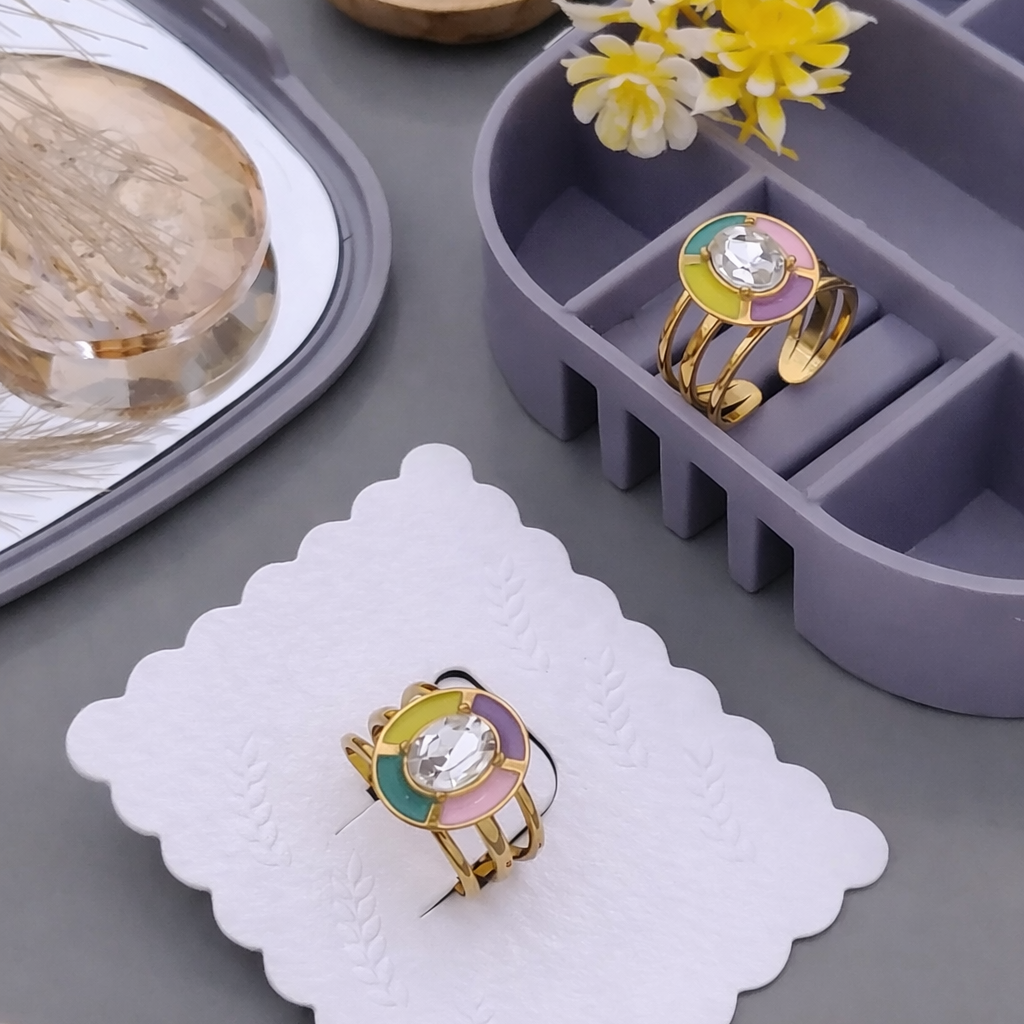 STYARAA Anti-Tarnish Multicolor Statement Ring – Premium Gold Adjustable Design with Crystal Center