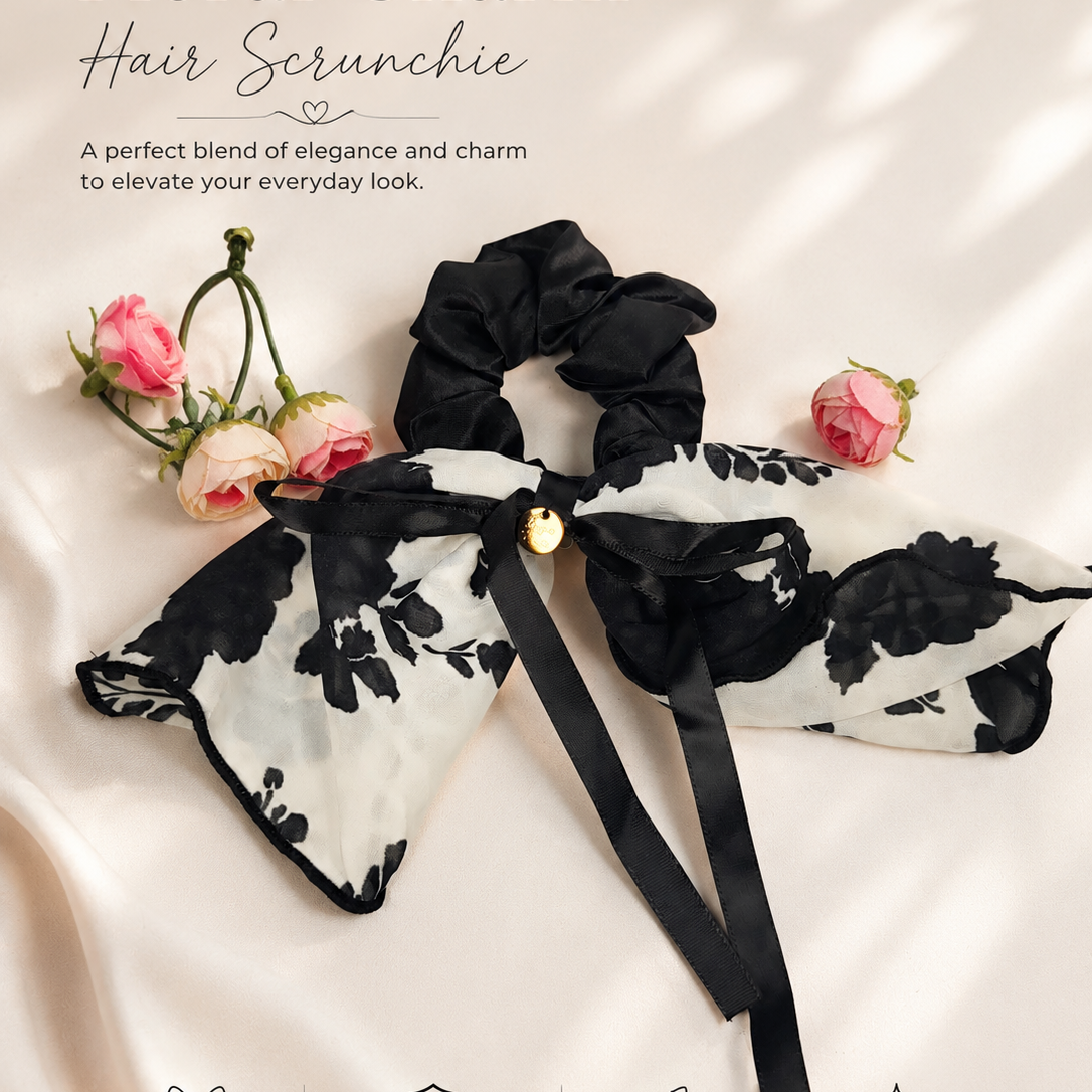 Black & White Floral Ribbon Satin Scrunchie