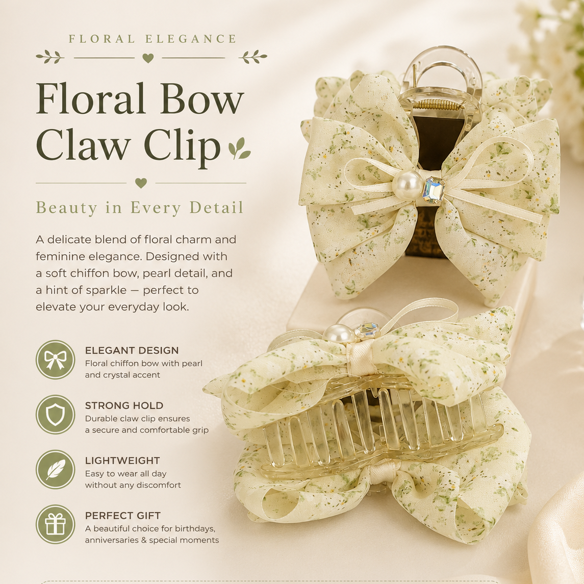 Big Size Floral Bow Claw Clip