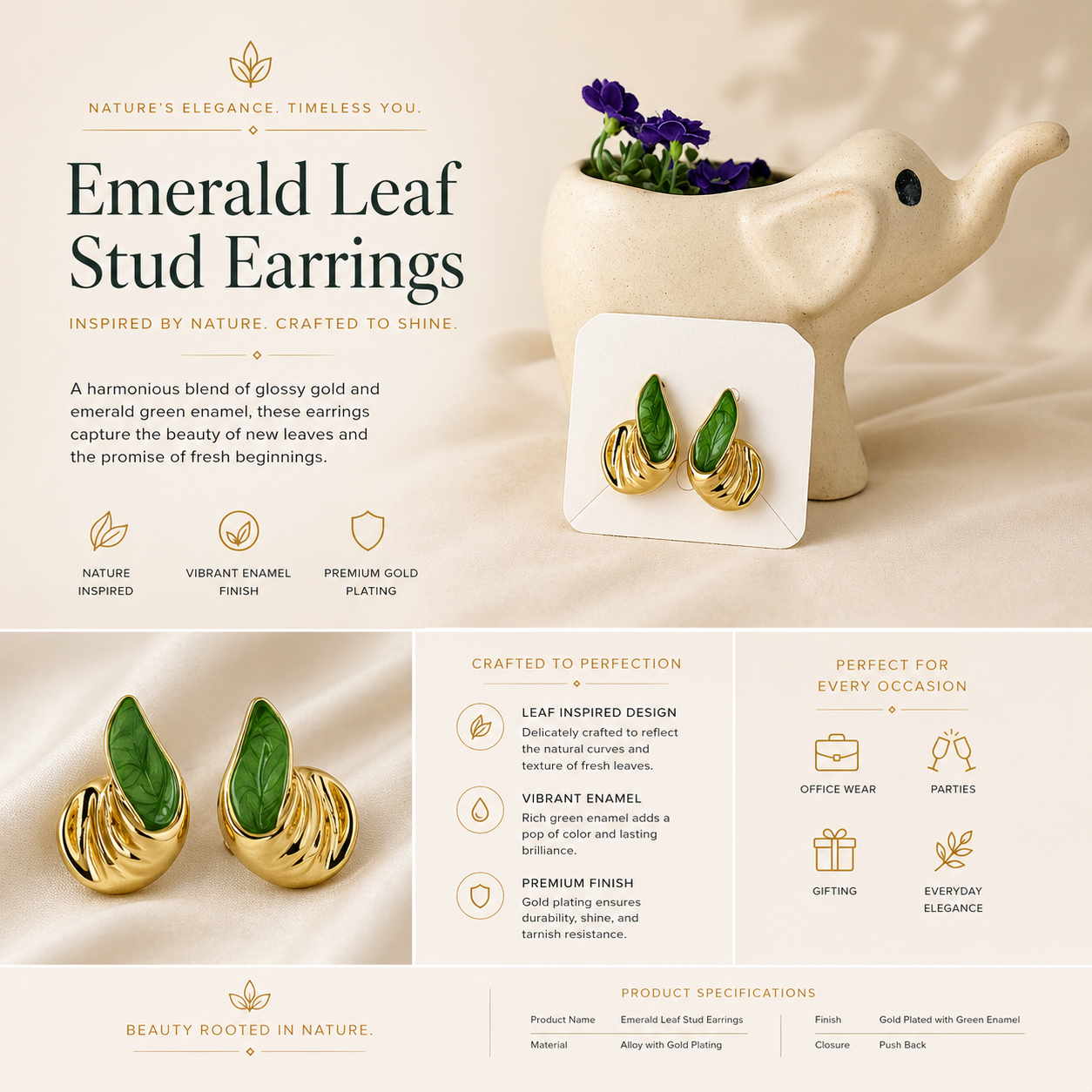 Emerald leaf Stud Earrings