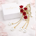 ZAYA Luxury Gold Butterfly Hair Claw Clip with Red Sakura Flowers & Pearl Chains