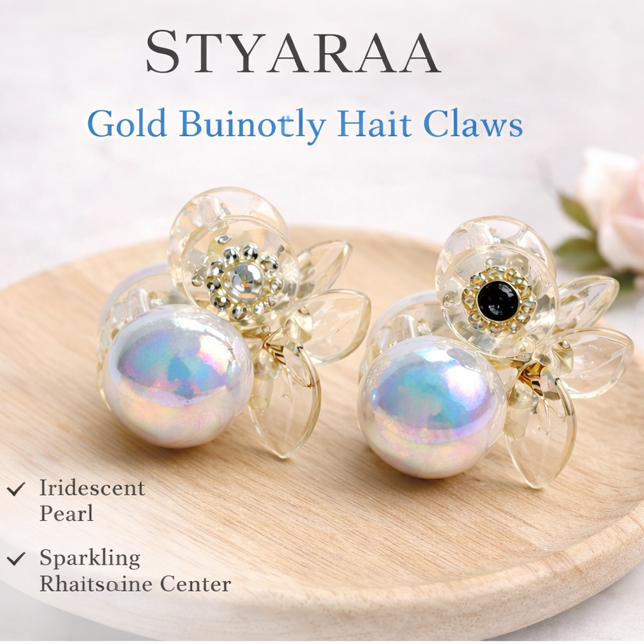 Mini Flower Hair Claw Clips for Women with Iridescent Pearl & Crystal Petals