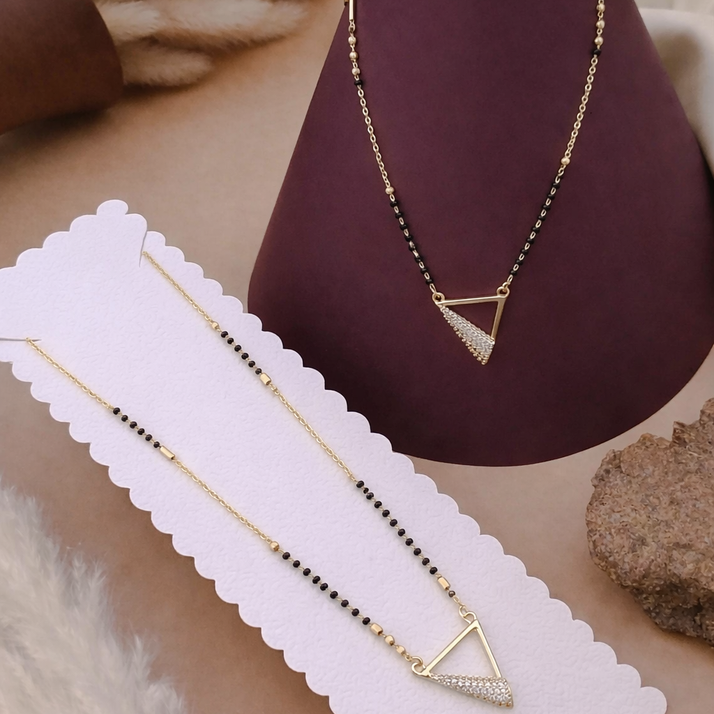 STYARAA Gold Plated Mangalsutra Necklace with Crystal Triangle Pendant