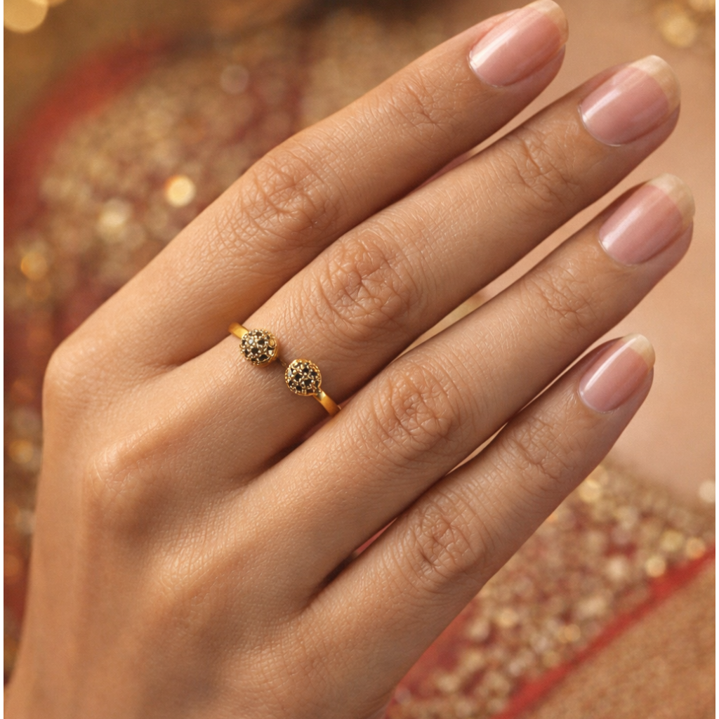 Elegant Twin-Orb Gold Ring with Black Accents