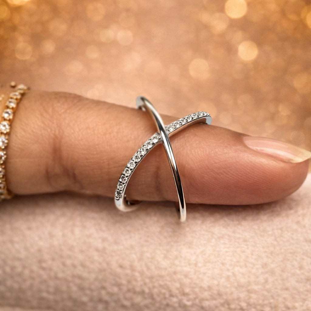 Silver Plated Crossover Ring for Women | Double Band Crystal Studded Design | Adjustable Modern Minimal Ring