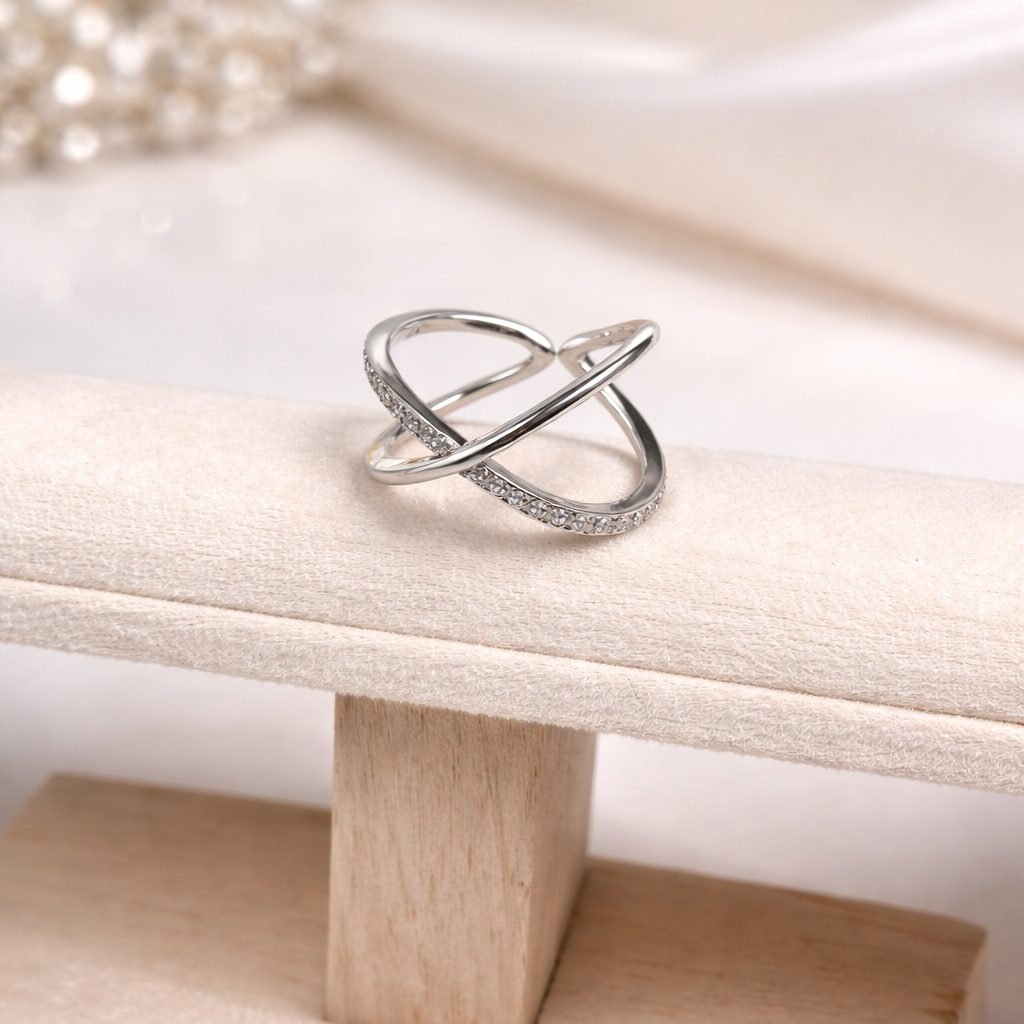 Silver Plated Crossover Ring for Women | Double Band Crystal Studded Design | Adjustable Modern Minimal Ring