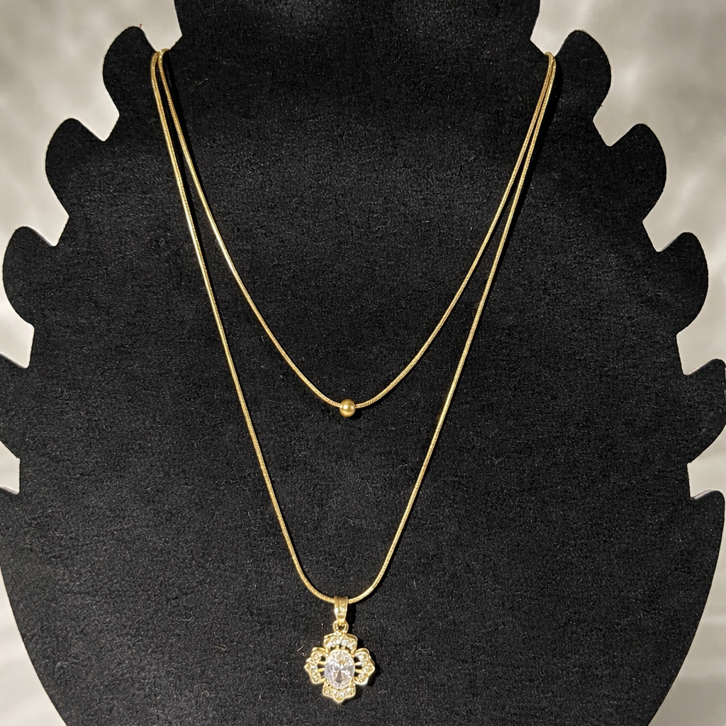 Double Layer Gold Chain with Crystal Flower Pendant