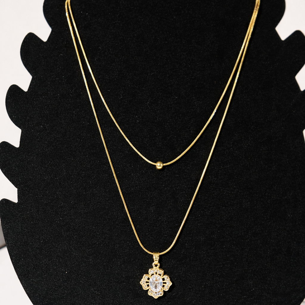 Double Layer Gold Chain with Crystal Flower Pendant