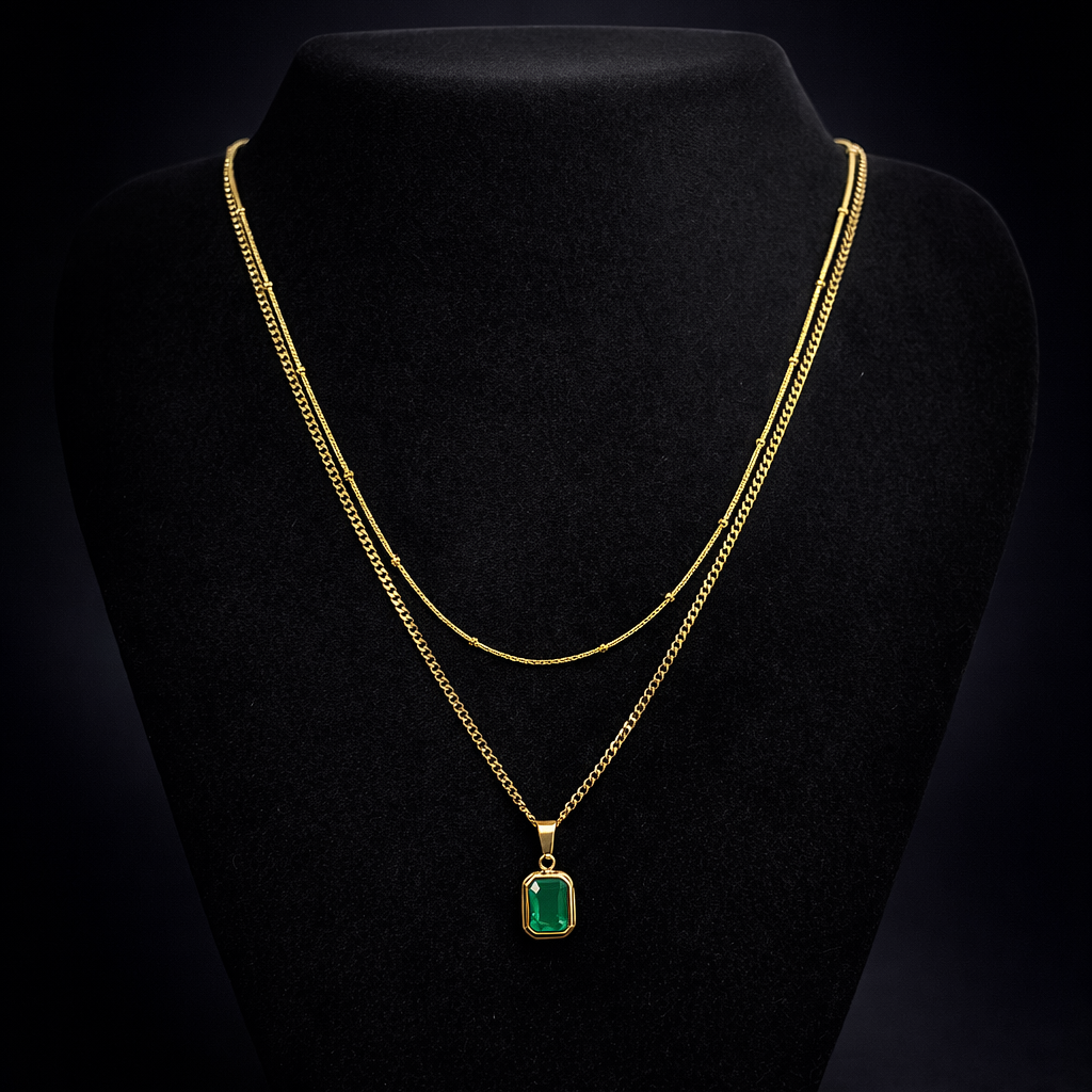 Layered Gold Dual Chain with Emerald Green Pendant