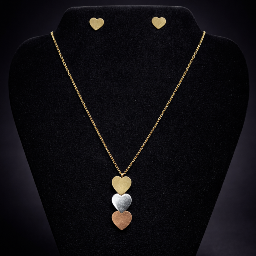 Tri-Tone Heart Pendant Chain Set – Gold, Silver & Rose Gold Layered Hearts with Matching Stud Earrings