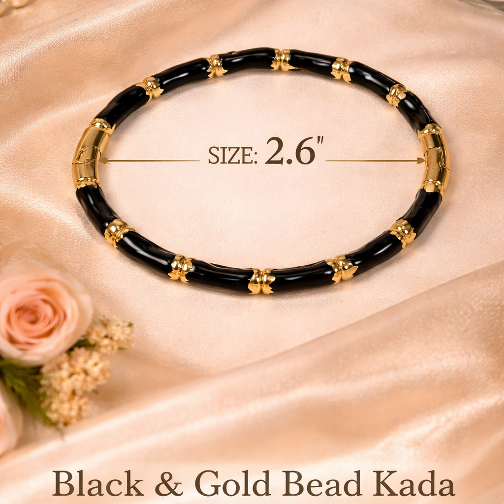 Black & Gold Bead Kada – Elegant Anti-Tarnish Bracelet (2.6” Diameter)