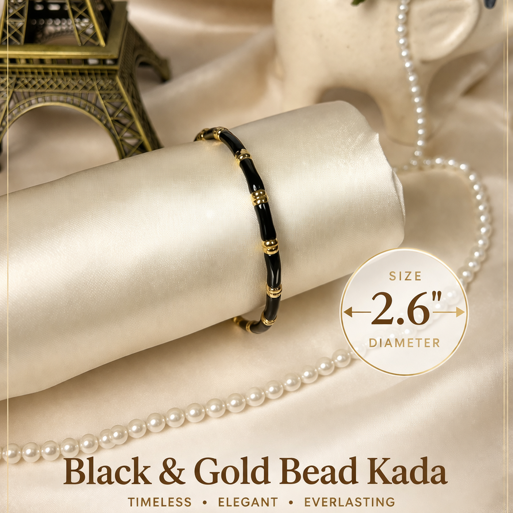 Black & Gold Bead Kada – Elegant Anti-Tarnish Bracelet (2.6” Diameter)