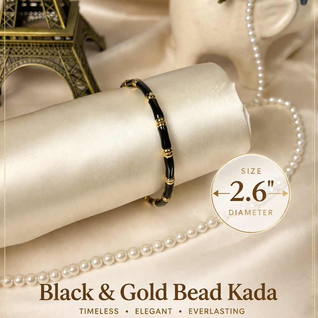 Black & Gold Bead Kada – Elegant Anti-Tarnish Bracelet (2.6” Diameter)