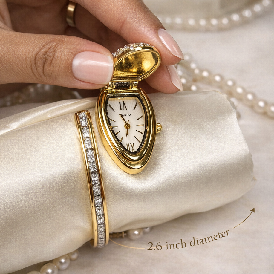 STYARAA Luxe Serpent Crystal Bracelet Watch – Gold-Tone Anti-Tarnish Cuff with Premium Zircon & Emerald Accents
