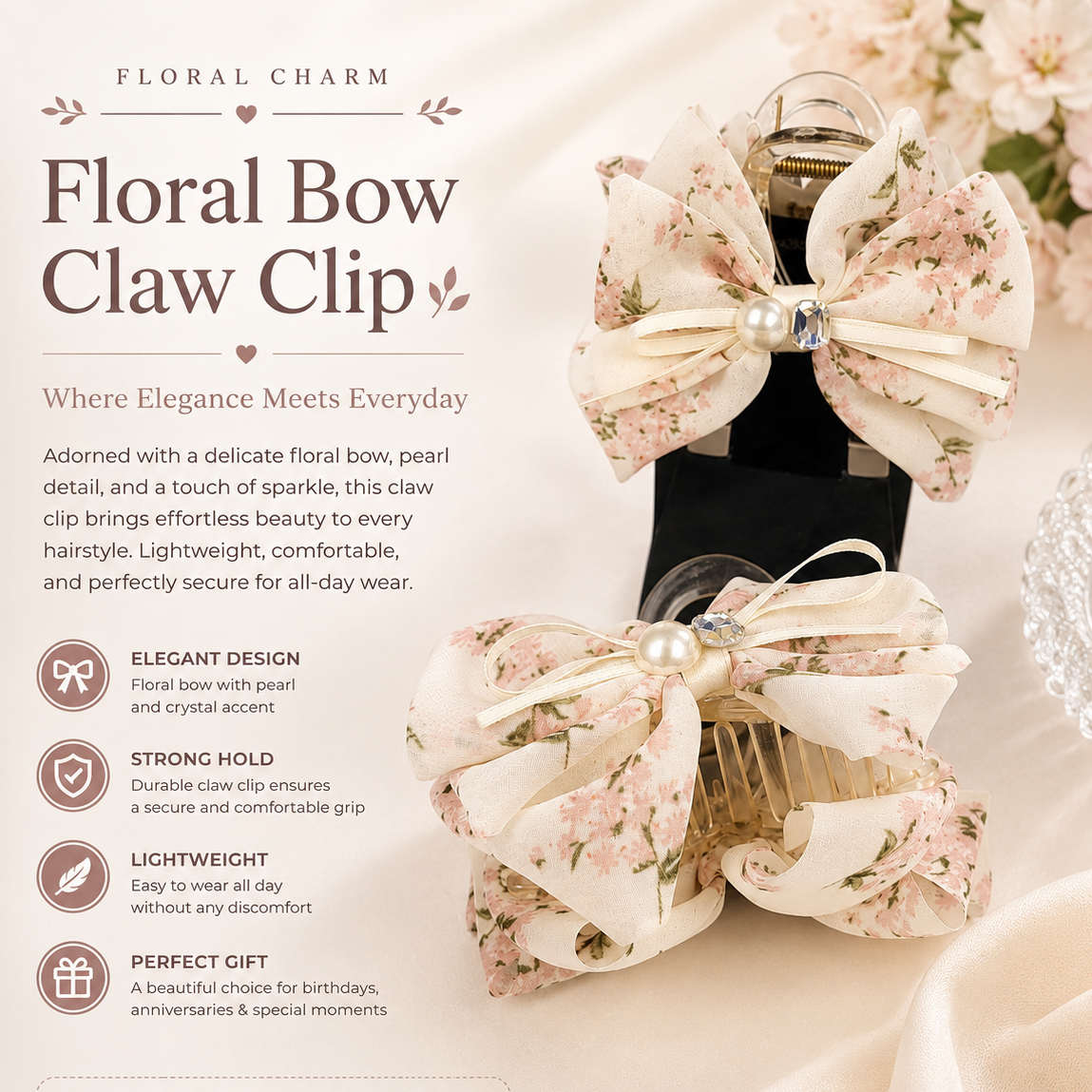 Big Size Floral Bow Claw Clip