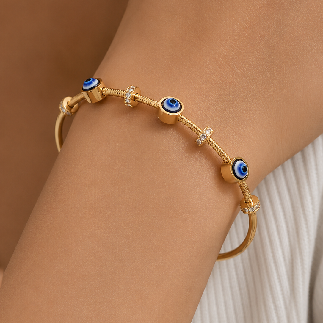 Elegant Gold Kada with Evil eye and white stone– 2.4 Inch to 2.6