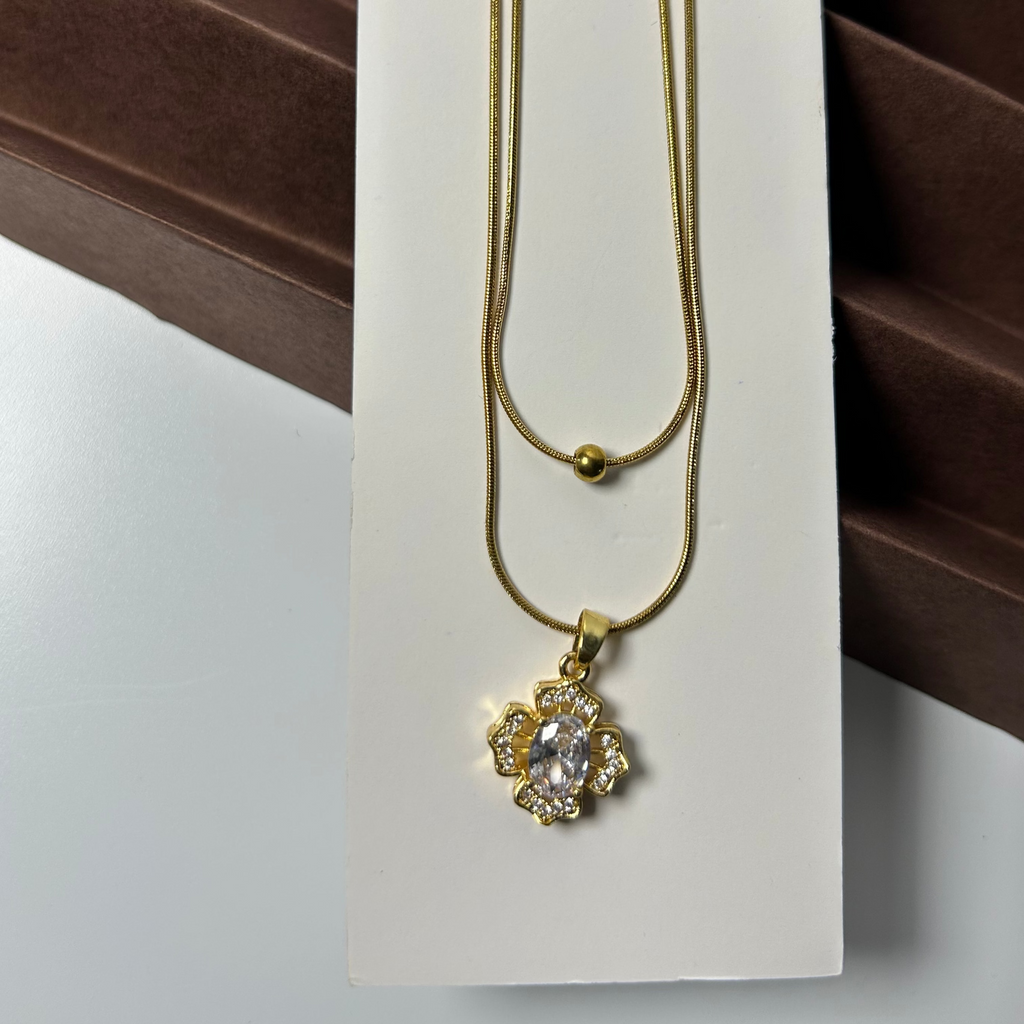 Double Layer Gold Chain with Crystal Flower Pendant