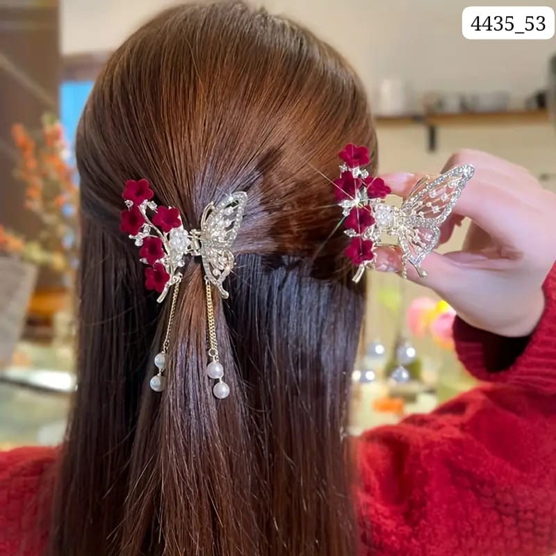 ZAYA Luxury Gold Butterfly Hair Claw Clip with Red Sakura Flowers & Pearl Chains