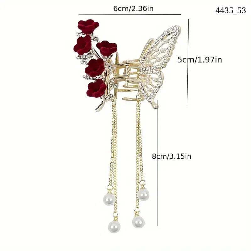 ZAYA Luxury Gold Butterfly Hair Claw Clip with Red Sakura Flowers & Pearl Chains