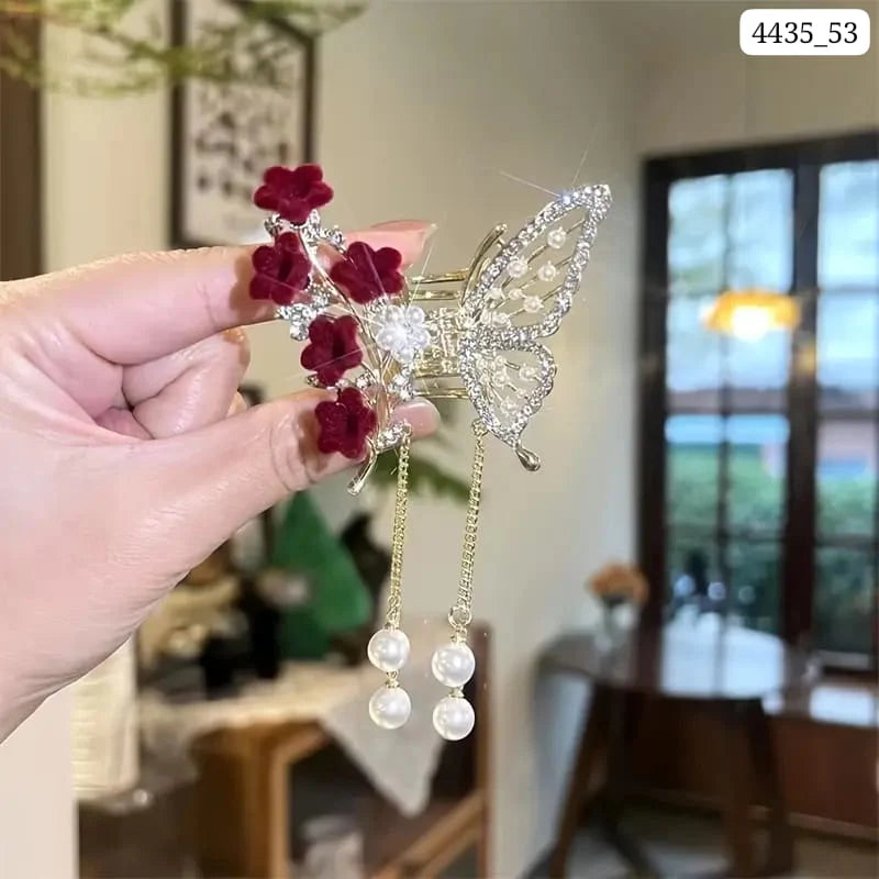 ZAYA Luxury Gold Butterfly Hair Claw Clip with Red Sakura Flowers & Pearl Chains
